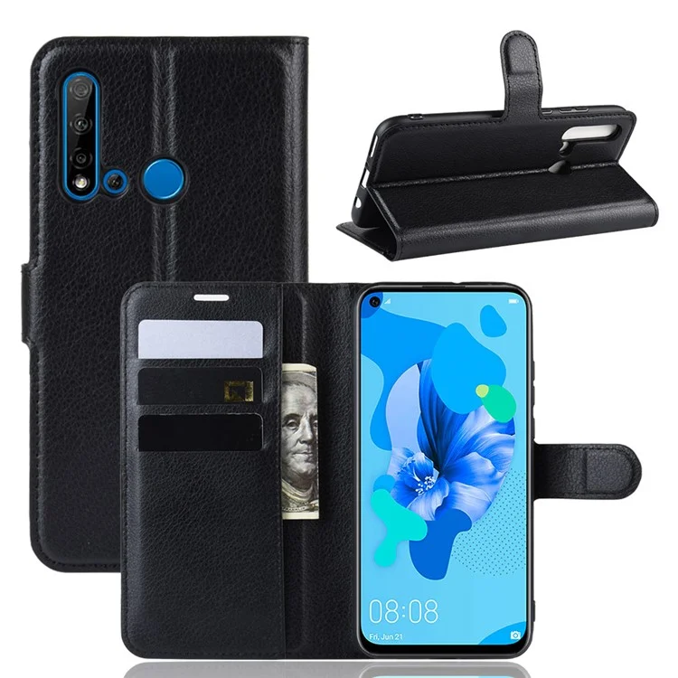 Litchi Texture Wallet Leather Phone Cover for Huawei P20 Lite (2019) / Nova 5i - Black-Cellmalls