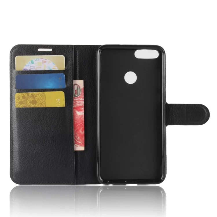 Litchi Skin PU Leather Wallet Stand Phone Shell for Huawei P Smart / Enjoy 7S - Black-Cellmalls