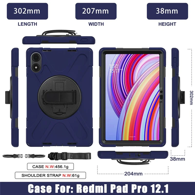 Tablet Case with Shoulder Strap for Xiaomi Redmi Pad Pro 5G / Redmi Pad Pro / Poco Pad 5G / 4G Kickstand Cover - Navy Blue-Cellmalls