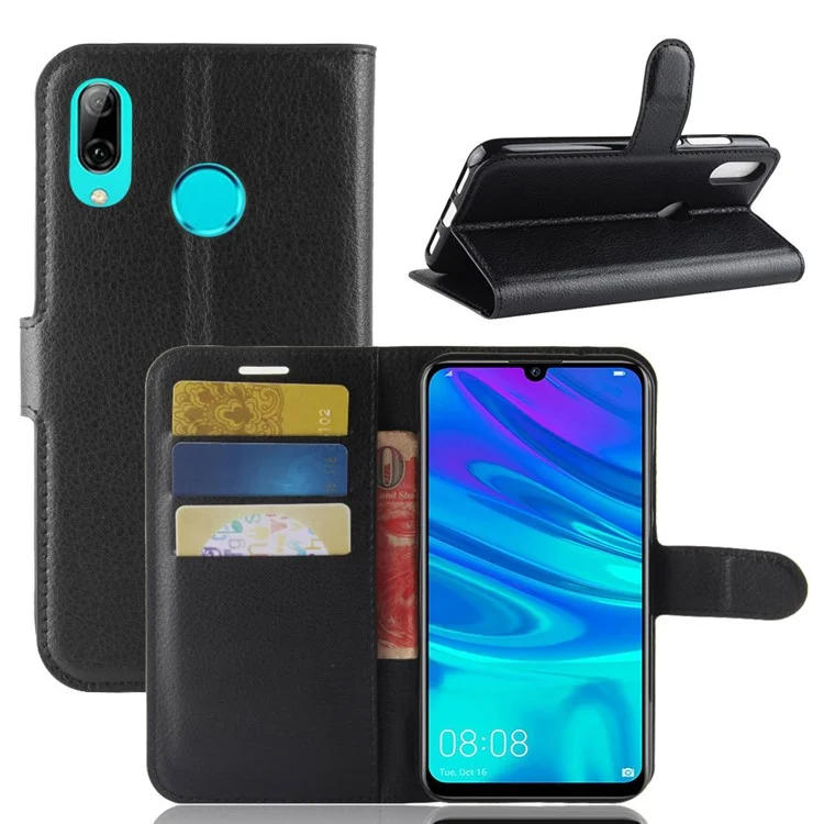 Litchi Skin PU Leather Case Magnetic Closure Folio Flip Wallet Stand  Shell for Huawei P30 Lite - Black-Cellmalls