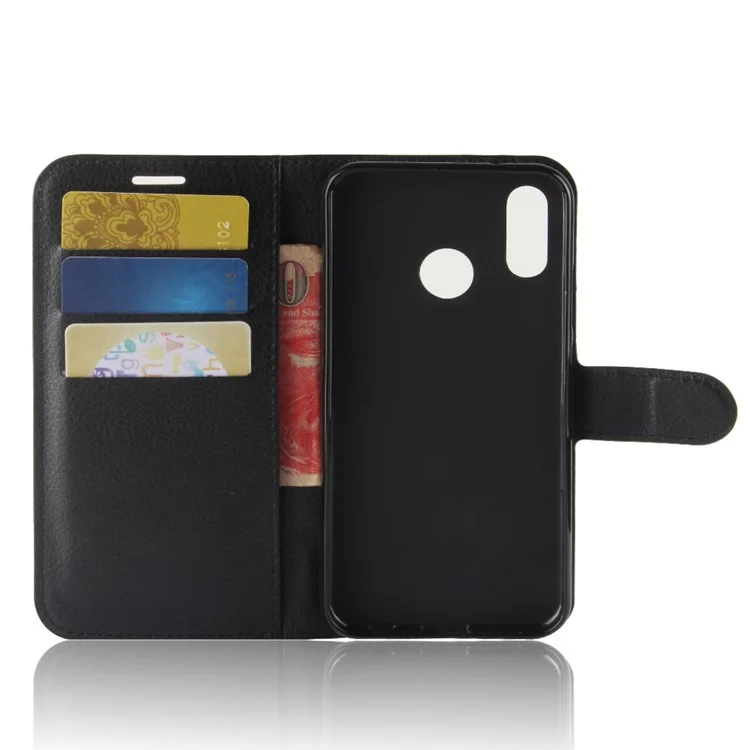 Litchi Skin PU Leather Case Magnetic Closure Folio Flip Wallet Stand  Shell for Huawei P30 Lite - Black-Cellmalls