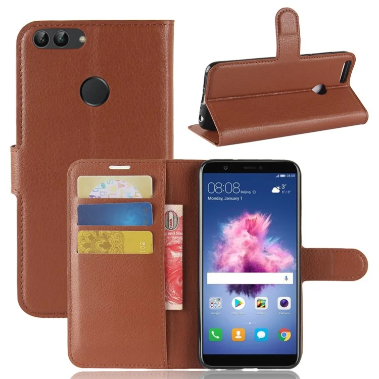 Litchi Skin PU Leather Wallet Stand Phone Shell for Huawei P Smart / Enjoy 7S - Black-Cellmalls