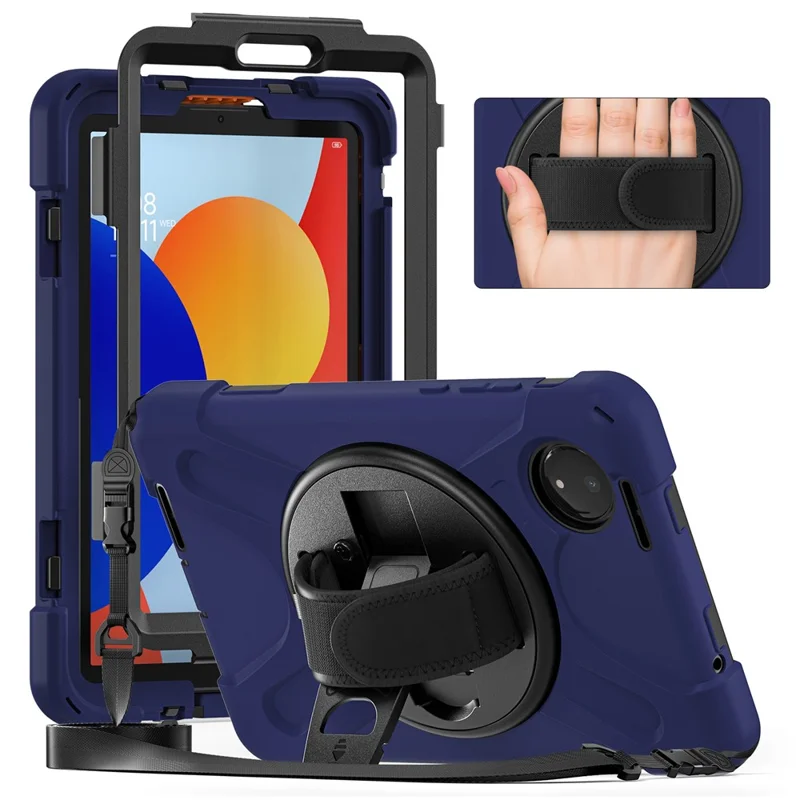 For Xiaomi Redmi Pad SE 4G 8.7 inch Kickstand Case TPU PC Silicone Tablet Cover with Shoulder Strap - Navy Blue-Cellmalls