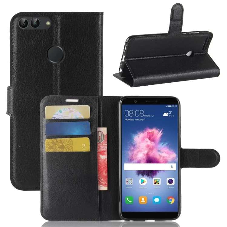 Litchi Skin PU Leather Wallet Stand Phone Shell for Huawei P Smart / Enjoy 7S - Black-Cellmalls