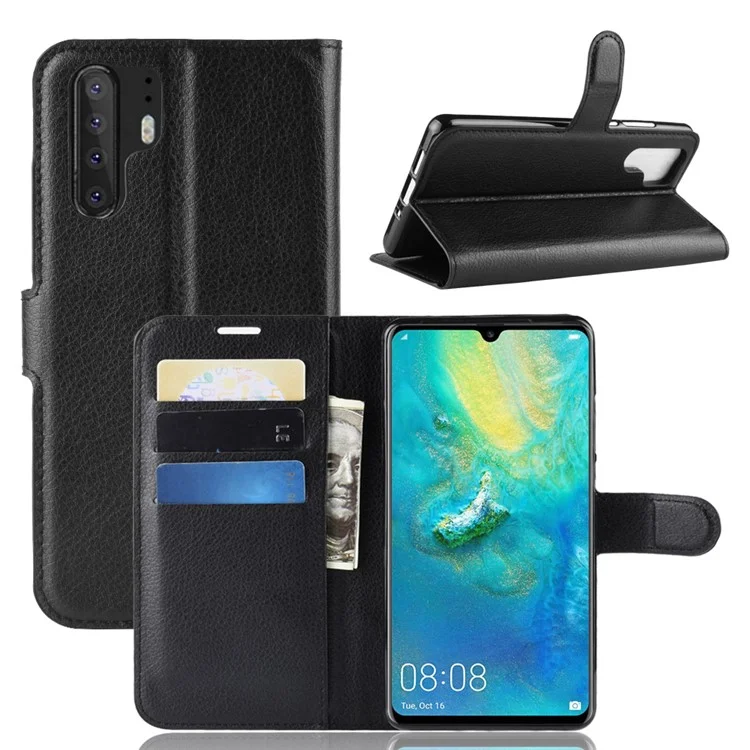 Litchi Texture Wallet Leather Mobile Phone Cover for Huawei P30 Pro Stand Phone Accessory - Black-Cellmalls