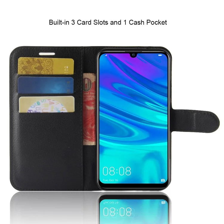 Litchi Skin PU Leather Case Magnetic Closure Folio Flip Wallet Stand  Shell for Huawei P30 Lite - Black-Cellmalls