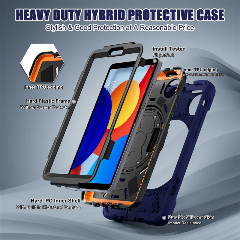 For Xiaomi Redmi Pad SE 4G 8.7 inch Kickstand Case TPU PC Silicone Tablet Cover with Shoulder Strap - Navy Blue-Cellmalls