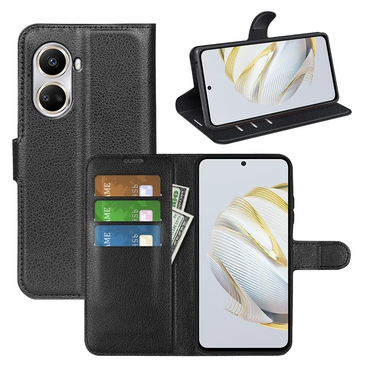 For Huawei nova 10 SE 4G Phone Case with Stand Wallet Litchi Texture PU Leather Folio Flip Magnetic Clasp Anti-scratch Smartphone Cover - Black-Cellmalls