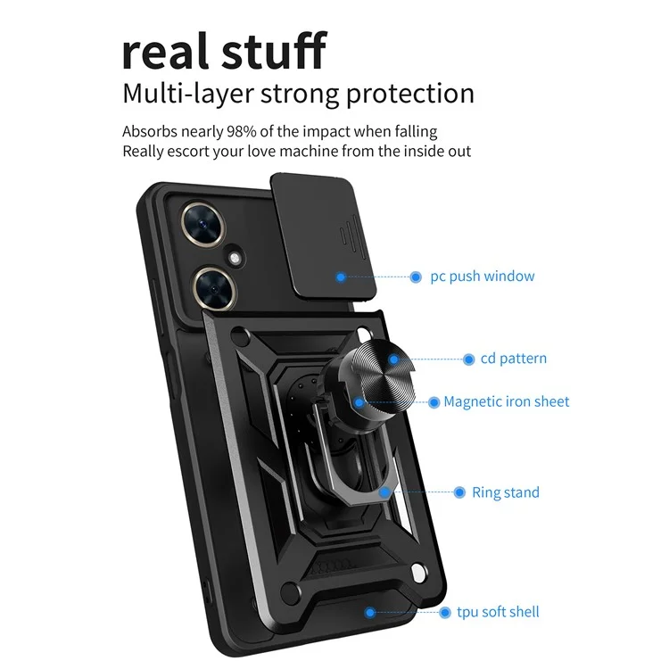 For Huawei nova 11i Phone Case Slide Lens Protection PC+TPU Kickstand Cover - Black-Cellmalls