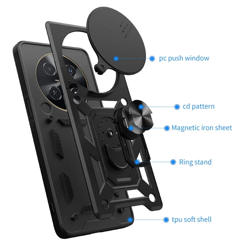 For Huawei nova 12i 4G Case with Slide Camera Lid PC+TPU Kickstand Phone Cover - Black-Cellmalls