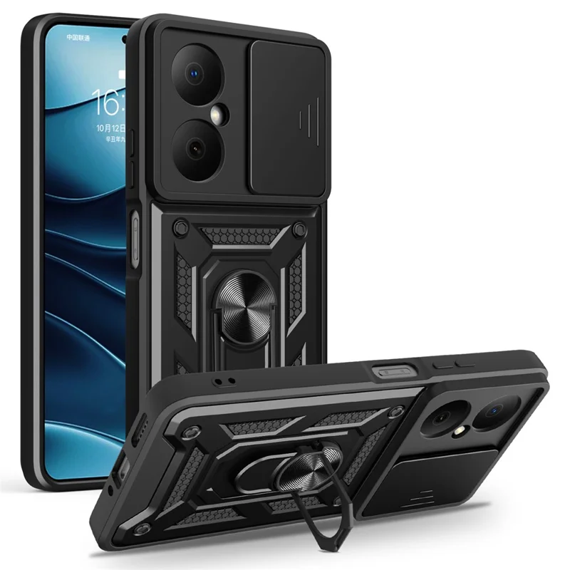 For Huawei Nova Y73 4G Case with Slide Camera Lid PC + TPU Kickstand Phone Cover - Black-Cellmalls