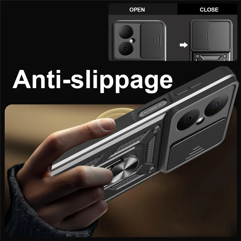 For Huawei Nova Y73 4G Case with Slide Camera Lid PC + TPU Kickstand Phone Cover - Black-Cellmalls