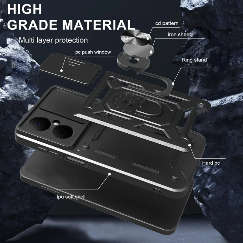 For Huawei Nova Y73 4G Case with Slide Camera Lid PC + TPU Kickstand Phone Cover - Black-Cellmalls