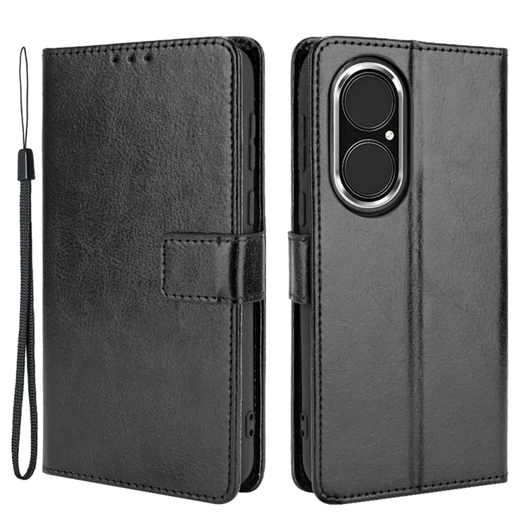 Split Leather Crazy Horse Texture Wallet Stand Design Phone Case Shell for Huawei P50 Pro - Black-Cellmalls