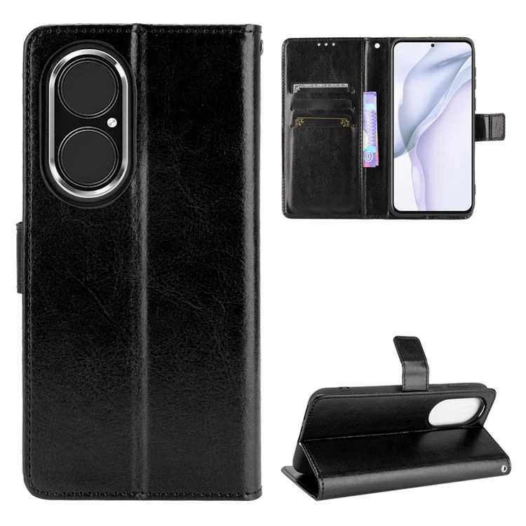 Split Leather Crazy Horse Texture Wallet Stand Design Phone Case Shell for Huawei P50 Pro - Black-Cellmalls