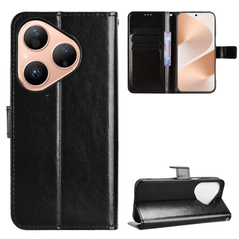 For Huawei Pura 80 PU Leather Case with Strap Crazy Horse Texture Phone Wallet Cover - Black-Cellmalls