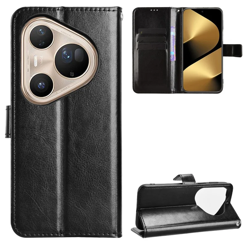 For Huawei Pura 80 Pro+ / Huawei Pura 80 Pro PU Leather Case with Strap Crazy Horse Texture Phone Wallet Cover - Black-Cellmalls