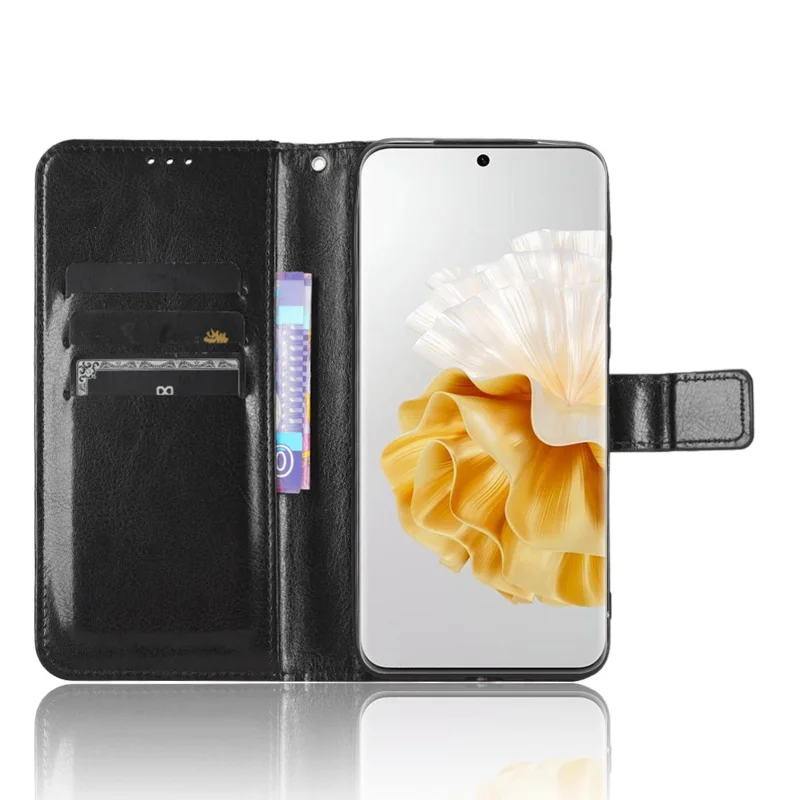 For Huawei P60 Pro / P60 Anti-Dust Crazy Horse Texture Wallet Phone Case PU Leather Phone Stand Cover - Black-Cellmalls