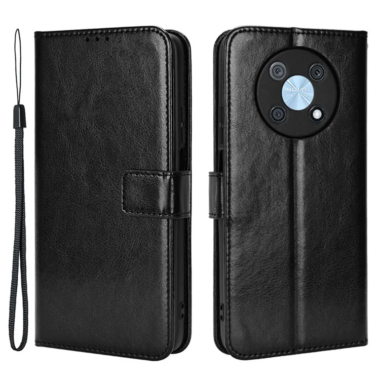 Anti-scratch Phone Case For Huawei nova Y90 4G / Enjoy 50 Pro 4G, Drop-proof Phone Cover Crazy Horse Texture Wallet Stand Shell - Black-Cellmalls