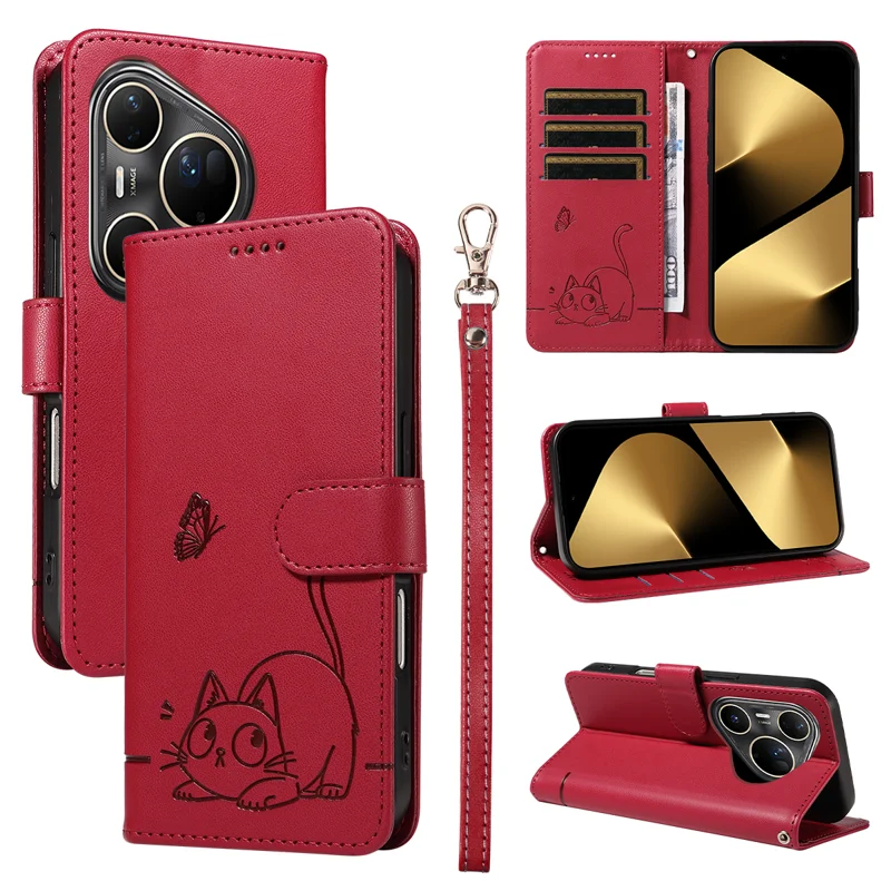 For Huawei Pura 80 Ultra Case Cat Pattern Imprint Leather Phone Cover with Wrist Strap - Rose Gold-Cellmalls