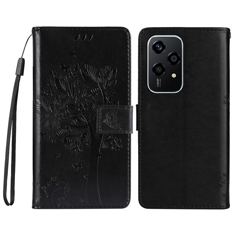 For Honor 200 Lite Phone Case with Stand Cat Tree Pattern Leather Wallet Mobile Cover - Black-Cellmalls