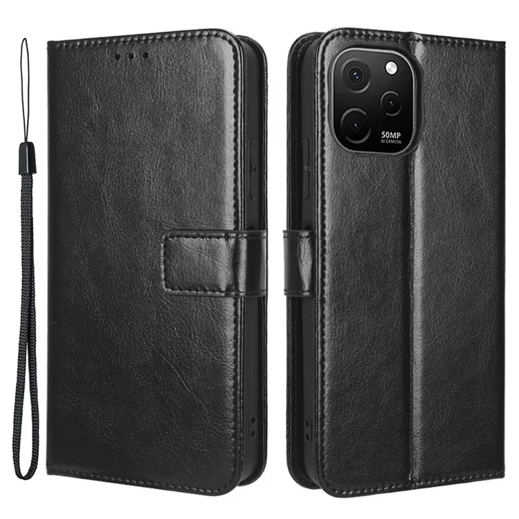 For Huawei nova Y61 4G / Enjoy 50z 4G Drop-proof PU Leather Phone Case Crazy Horse Texture Wallet Stand Magnetic Phone Cover with Strap - Black-Cellmalls