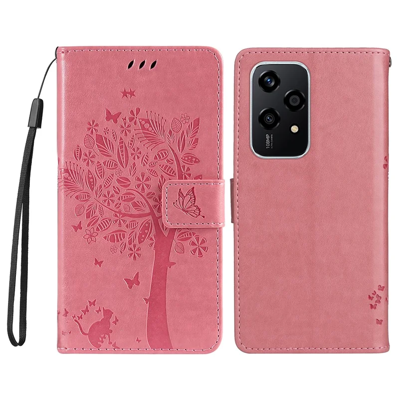 For Honor 200 Lite Phone Case with Stand Cat Tree Pattern Leather Wallet Mobile Cover - Black-Cellmalls