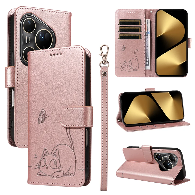 For Huawei Pura 80 Ultra Case Cat Pattern Imprint Leather Phone Cover with Wrist Strap - Rose Gold-Cellmalls
