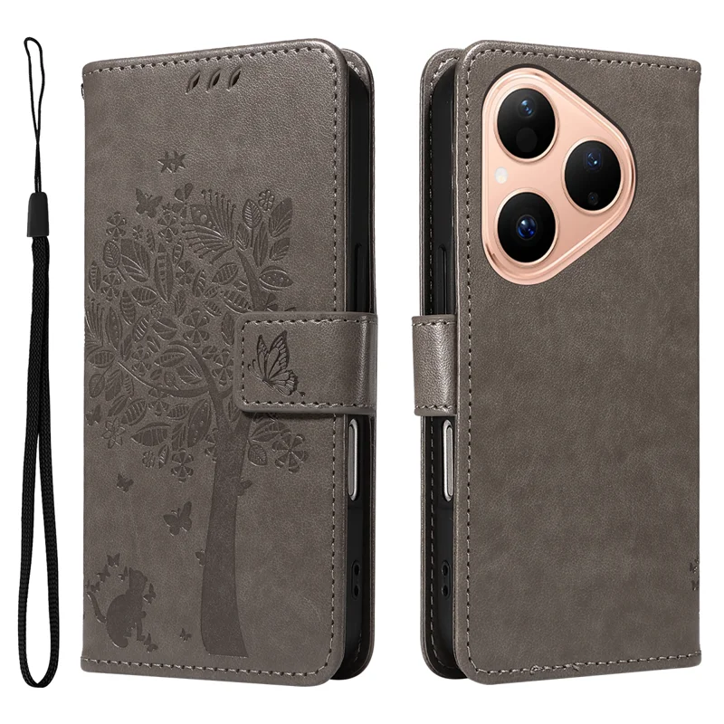 For Huawei Pura 80 Phone Case with Stand Cat Tree Pattern Leather Wallet Mobile Cover - Grey-Cellmalls