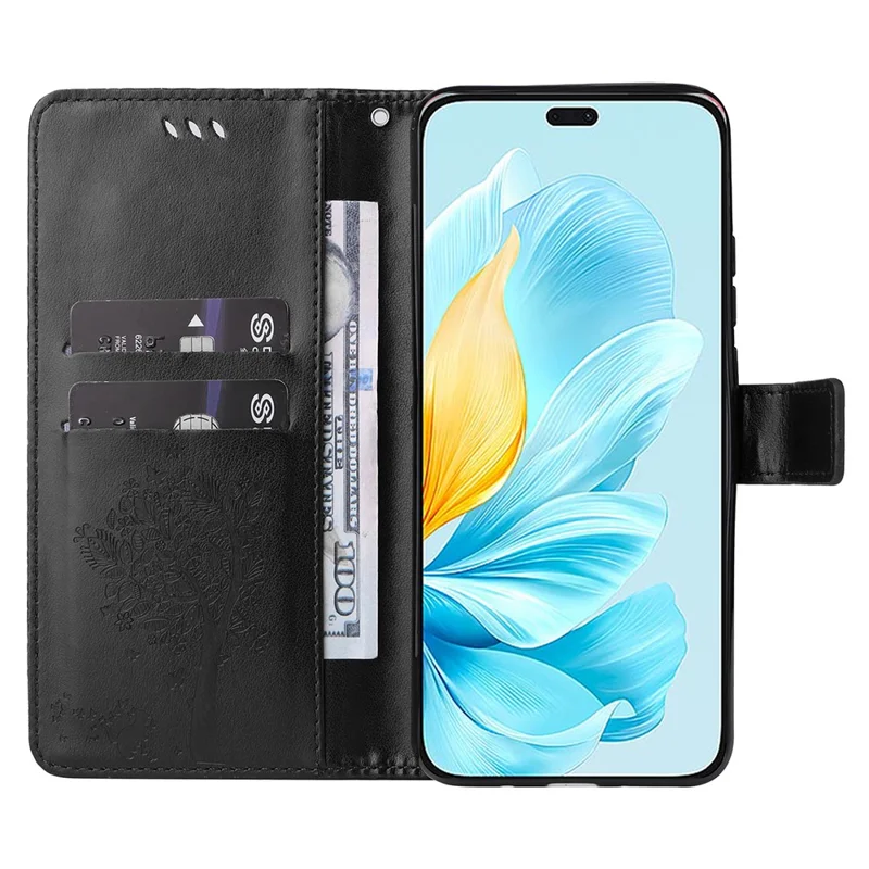 For Honor 200 Lite Phone Case with Stand Cat Tree Pattern Leather Wallet Mobile Cover - Black-Cellmalls