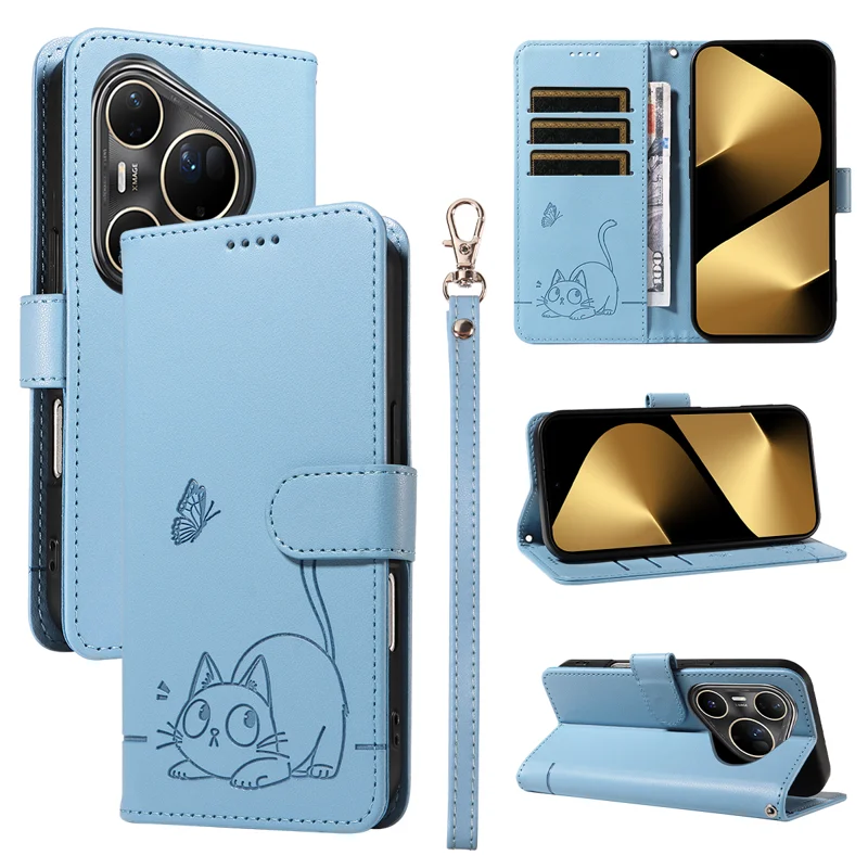 For Huawei Pura 80 Ultra Case Cat Pattern Imprint Leather Phone Cover with Wrist Strap - Rose Gold-Cellmalls