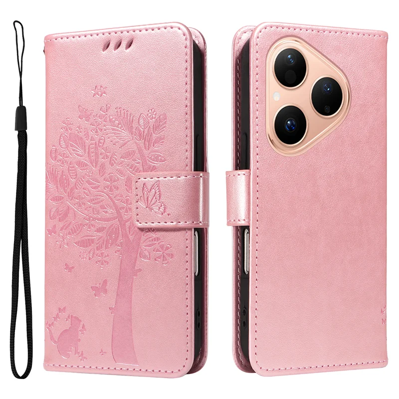 For Huawei Pura 80 Phone Case with Stand Cat Tree Pattern Leather Wallet Mobile Cover - Grey-Cellmalls