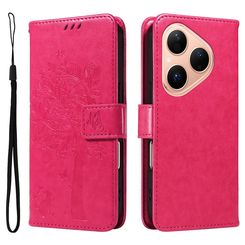 For Huawei Pura 80 Phone Case with Stand Cat Tree Pattern Leather Wallet Mobile Cover - Grey-Cellmalls