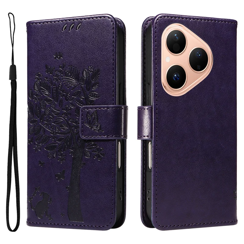 For Huawei Pura 80 Phone Case with Stand Cat Tree Pattern Leather Wallet Mobile Cover - Grey-Cellmalls