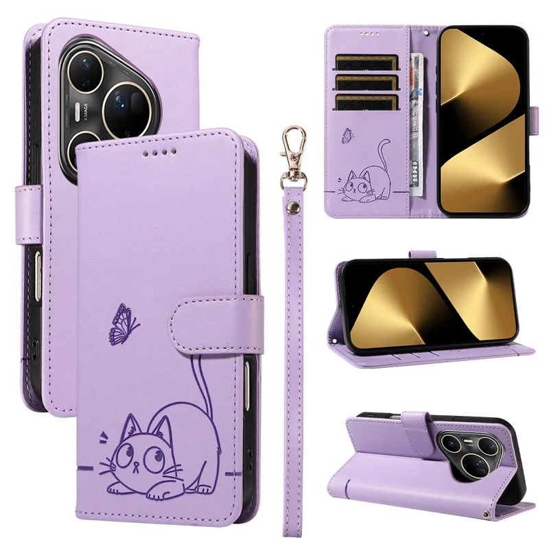 For Huawei Pura 80 Ultra Case Cat Pattern Imprint Leather Phone Cover with Wrist Strap - Rose Gold-Cellmalls