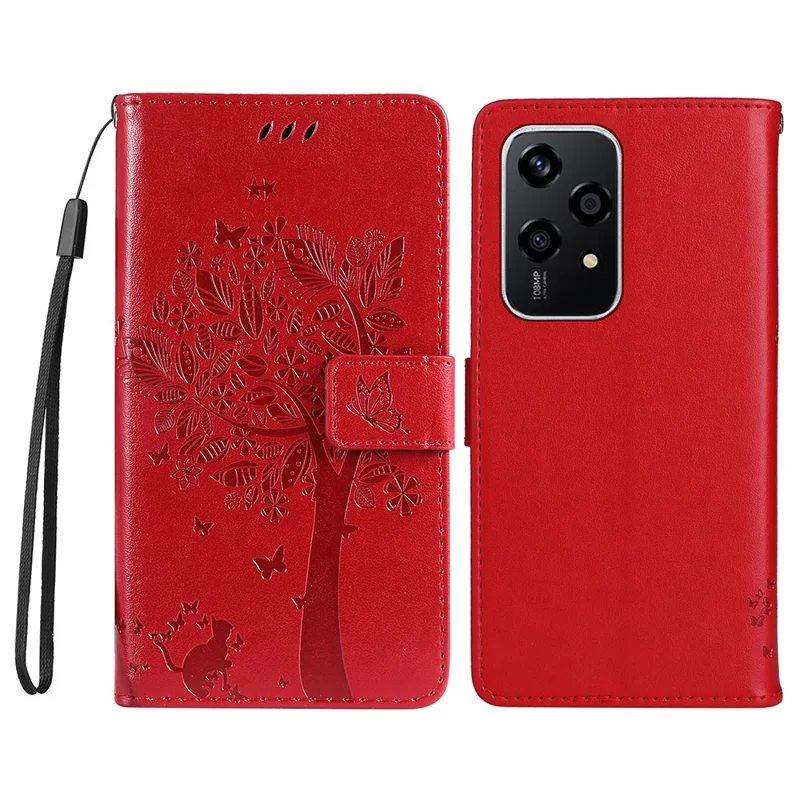 For Honor 200 Lite Phone Case with Stand Cat Tree Pattern Leather Wallet Mobile Cover - Black-Cellmalls