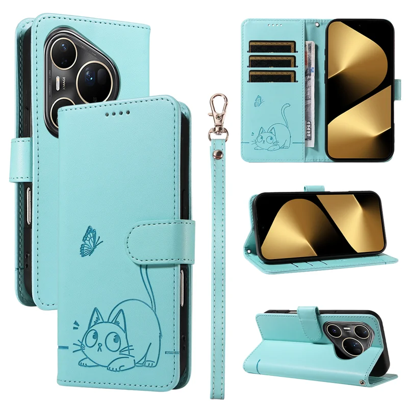 For Huawei Pura 80 Ultra Case Cat Pattern Imprint Leather Phone Cover with Wrist Strap - Rose Gold-Cellmalls