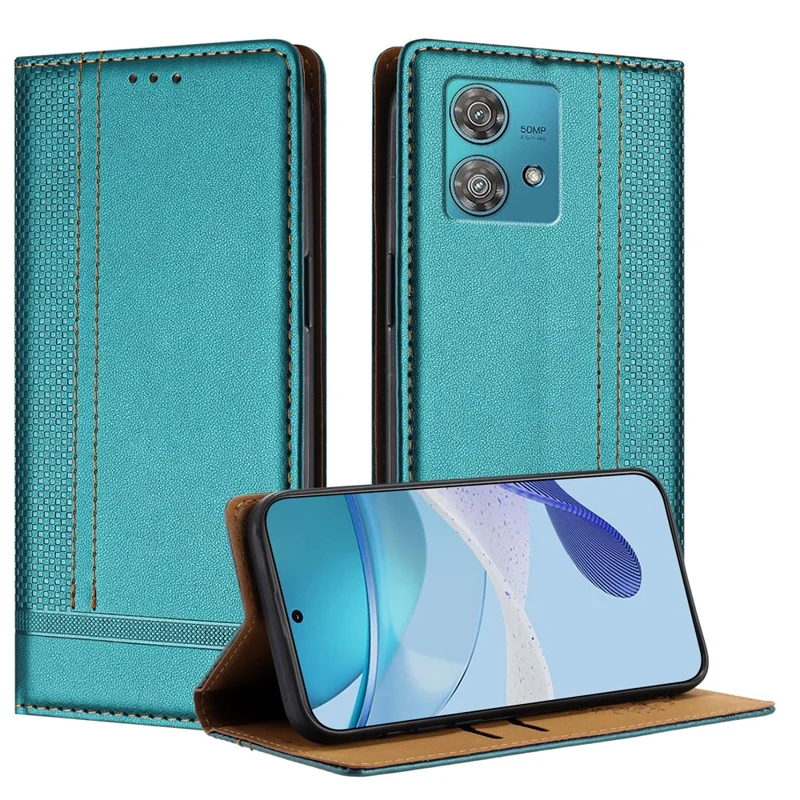 For Motorola Edge 40 Neo 5G Case L-Shaped Grid Pattern Leather Stand Phone Cover with Card Slots - Blue-Cellmalls