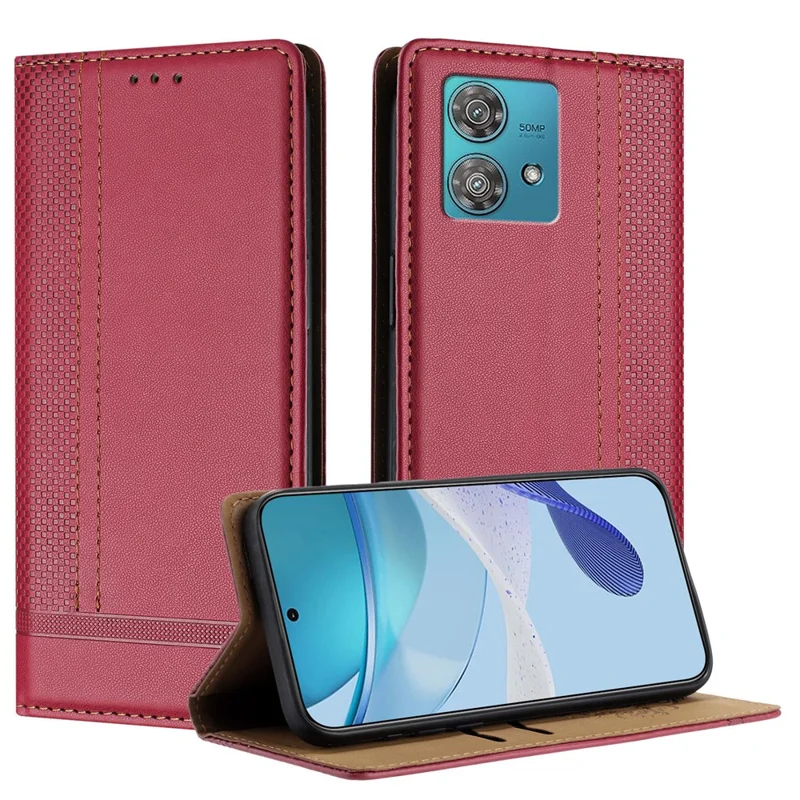 For Motorola Edge 40 Neo 5G Case L-Shaped Grid Pattern Leather Stand Phone Cover with Card Slots - Blue-Cellmalls