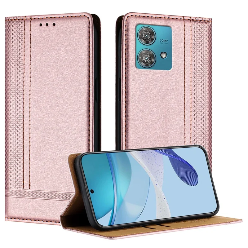 For Motorola Edge 40 Neo 5G Case L-Shaped Grid Pattern Leather Stand Phone Cover with Card Slots - Blue-Cellmalls