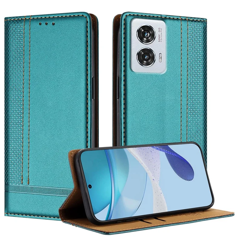For Motorola Edge 50 Fusion 5G Case L-Shaped Grid Pattern Leather Stand Phone Cover with Card Slots - Blue-Cellmalls
