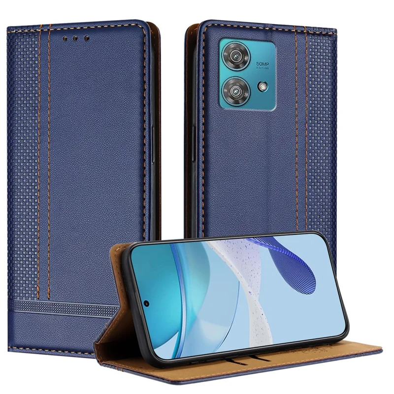 For Motorola Edge 40 Neo 5G Case L-Shaped Grid Pattern Leather Stand Phone Cover with Card Slots - Blue-Cellmalls