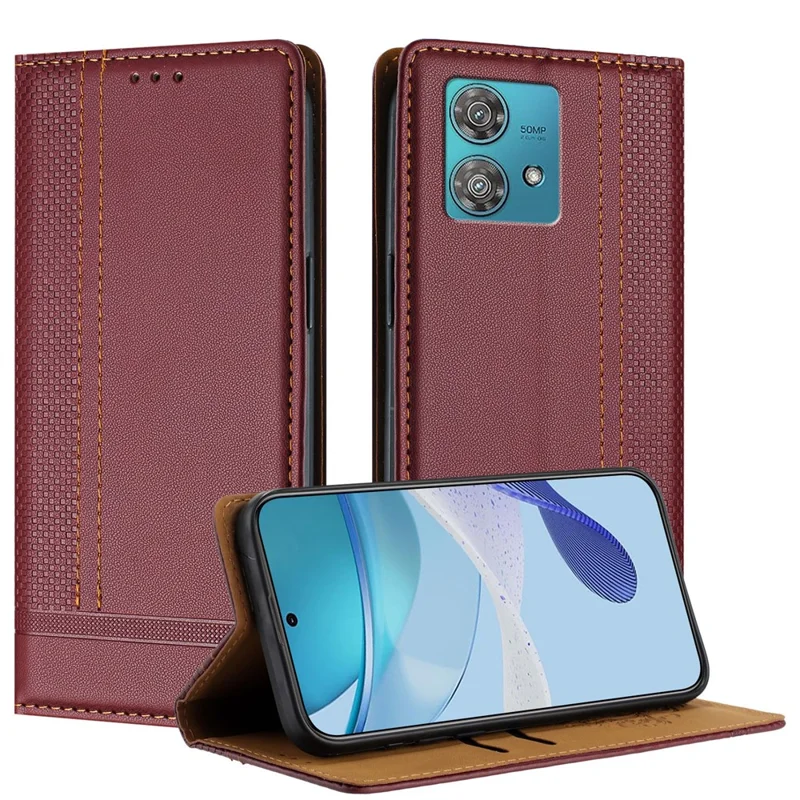 For Motorola Edge 40 Neo 5G Case L-Shaped Grid Pattern Leather Stand Phone Cover with Card Slots - Blue-Cellmalls