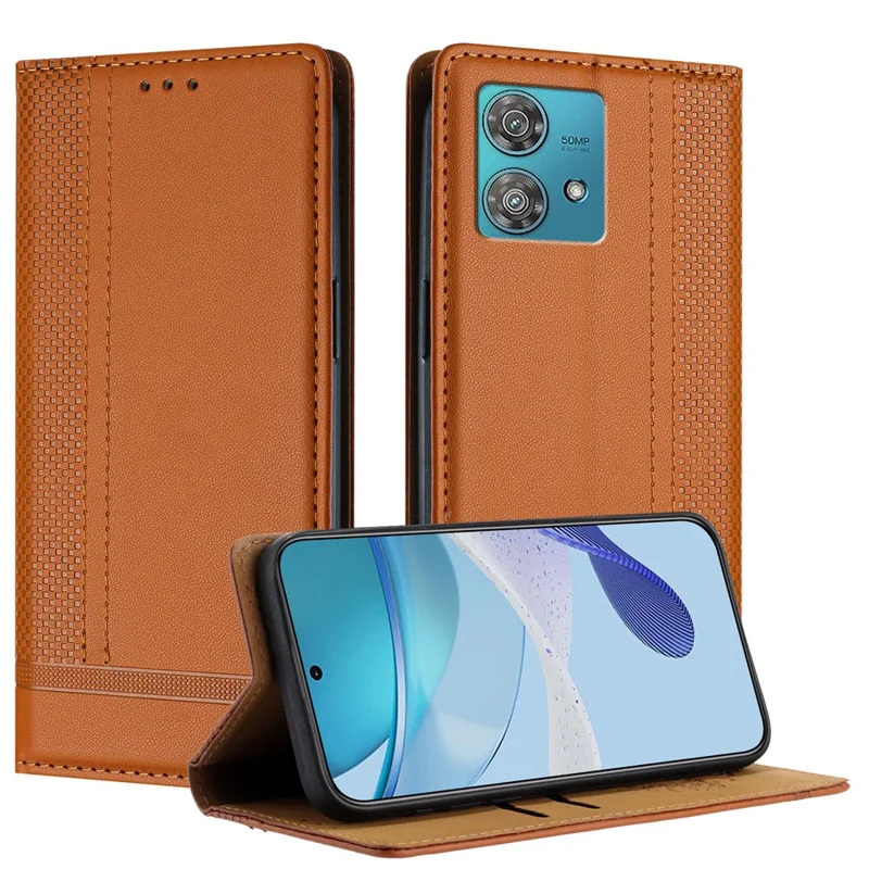 For Motorola Edge 40 Neo 5G Case L-Shaped Grid Pattern Leather Stand Phone Cover with Card Slots - Blue-Cellmalls