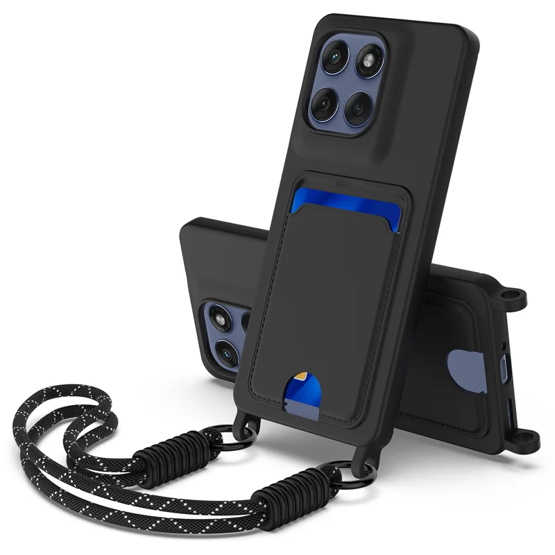 For Motorola Edge 60s 5G / Motorola Edge 60 Fusion 5G / Motorola Edge 60 5G Liquid Silicone Case  Phone Back Cover with Card Holder and Short Strap - Black-Cellmalls