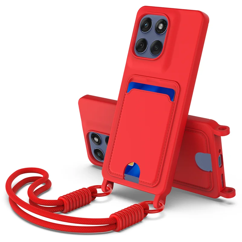 For Motorola Edge 60 Pro 5G Liquid Silicone Case  Phone Back Cover with Card Holder and Short Strap - Black-Cellmalls