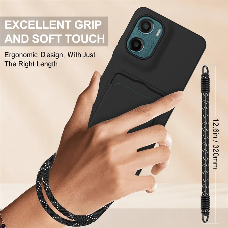 For Motorola Moto G05 4G  /  E15 4G Liquid Silicone Case Phone Back Cover with Card Holder and Short Strap - Black-Cellmalls