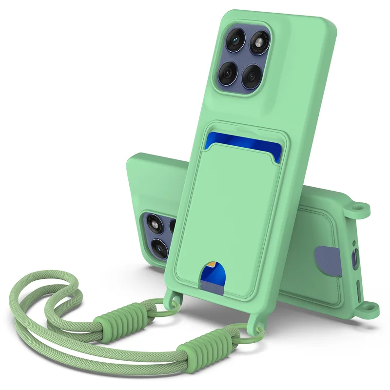 For Motorola Edge 60 Pro 5G Liquid Silicone Case  Phone Back Cover with Card Holder and Short Strap - Black-Cellmalls