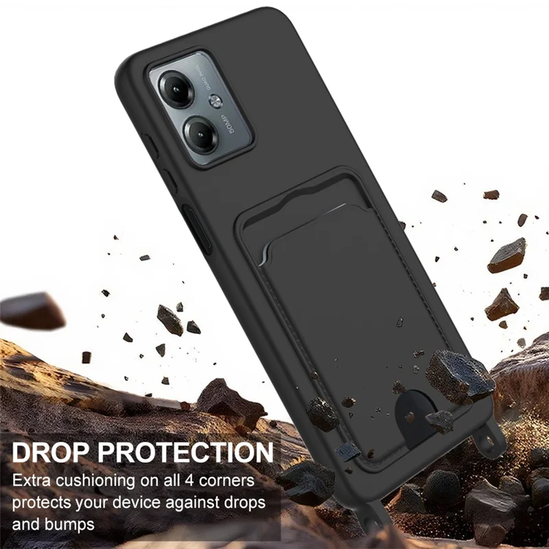 For Motorola Moto G14 4G Case Liquid Silicone Card Holder Phone Back Cover with Short Strap - Black-Cellmalls