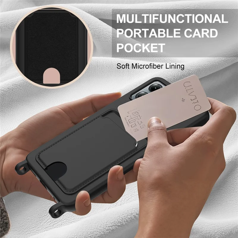 For Motorola Moto G14 4G Case Liquid Silicone Card Holder Phone Back Cover with Short Strap - Black-Cellmalls